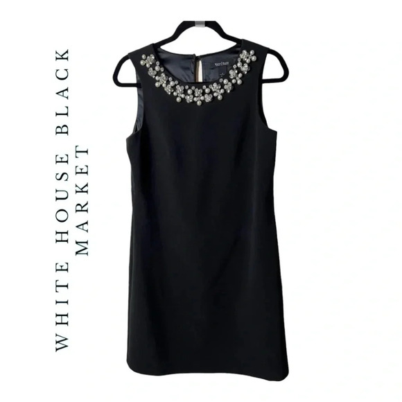 0495W. WHITE‎ HOUSE BLACK MARKET KNEE LENGTH DRESS WITH EMBELLISHMENTS ON NECK - Picture 1 of 9